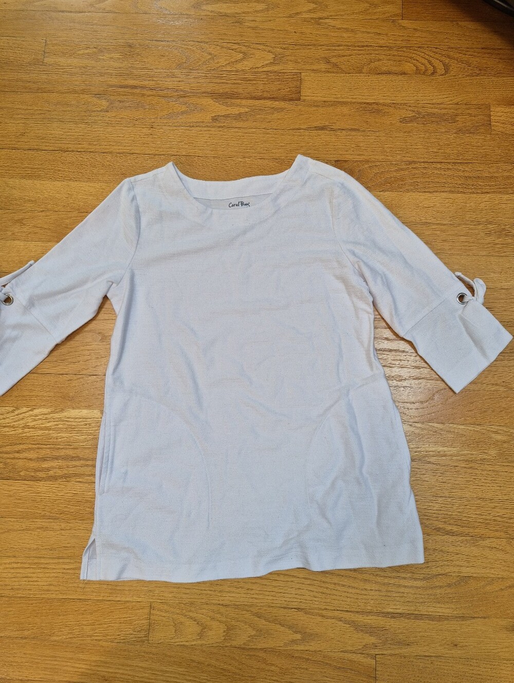 Coral Bay White 3/4 Sleeve Grommet Tie Accent Top Boat Neck Women's Size S EUC